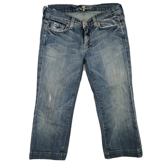 7 For All Mankind DOJO Capri Cropped Jeans Women Size 28 Light Wash Rip Distress - Picture 2 of 10